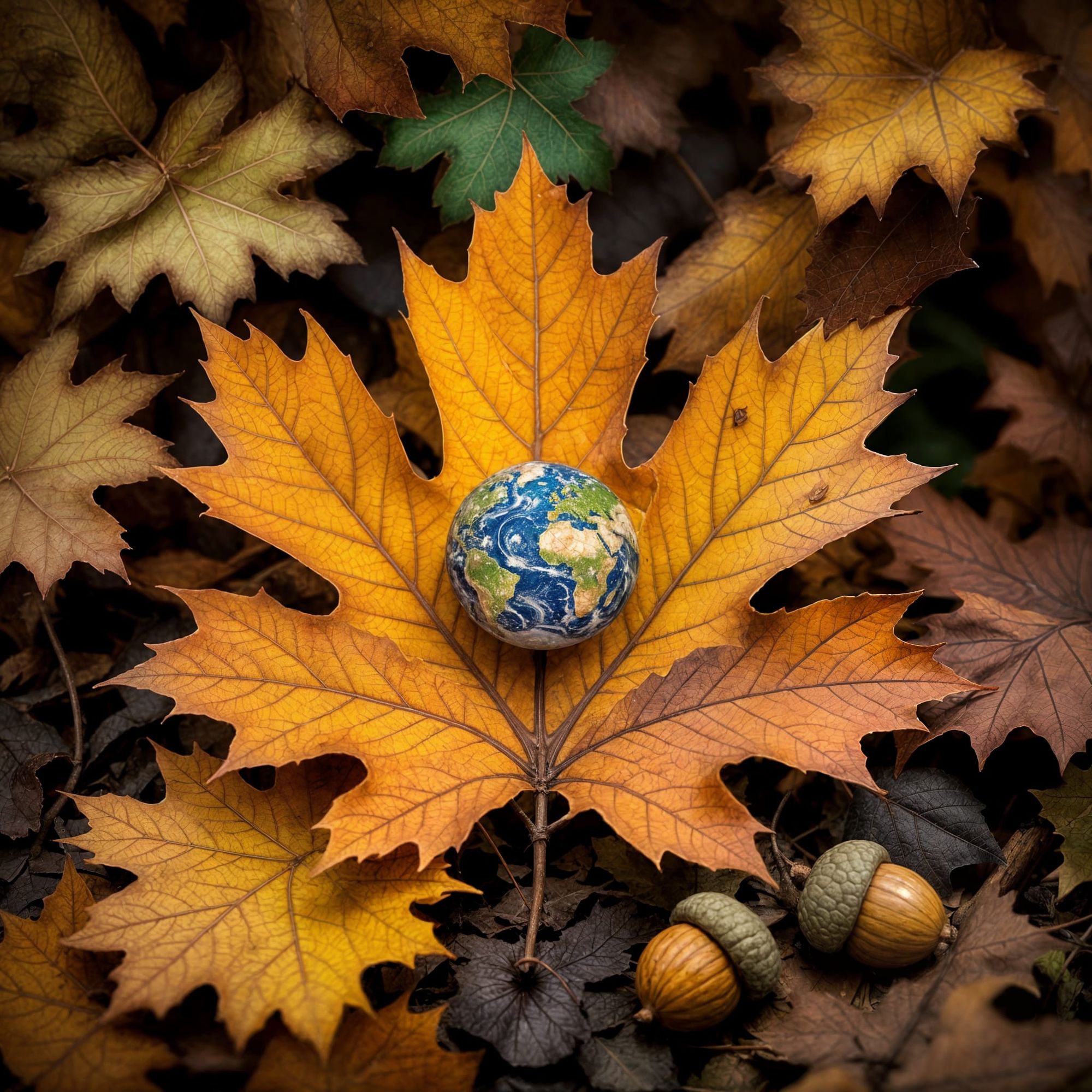 A oak leaf laying on its side with all the splendor and different palette colors of fall on the leaf with the shape of the world imposed on ...