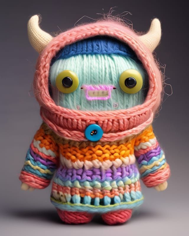 Yarn monster knitting a sweater, pop surrealism (4 images fr...
