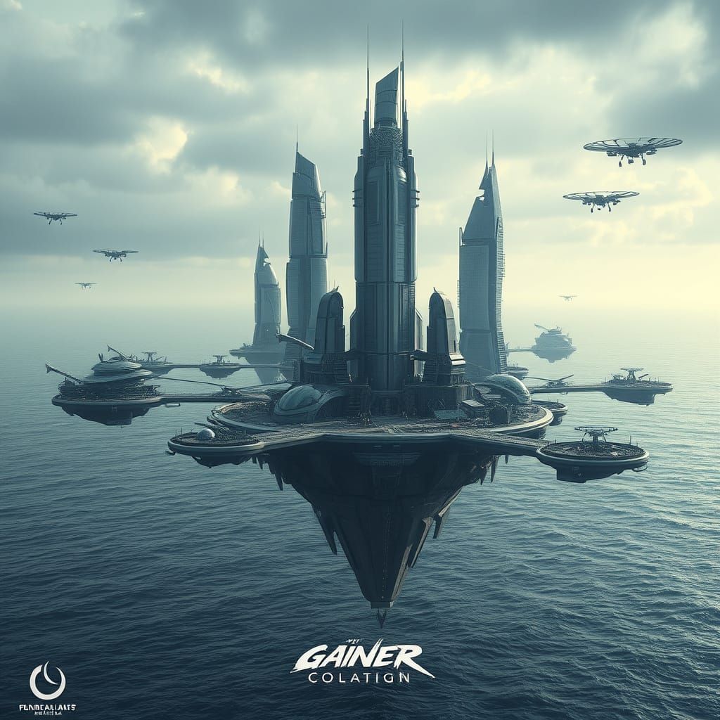 Futuristic City Floating Above Ocean in HDR