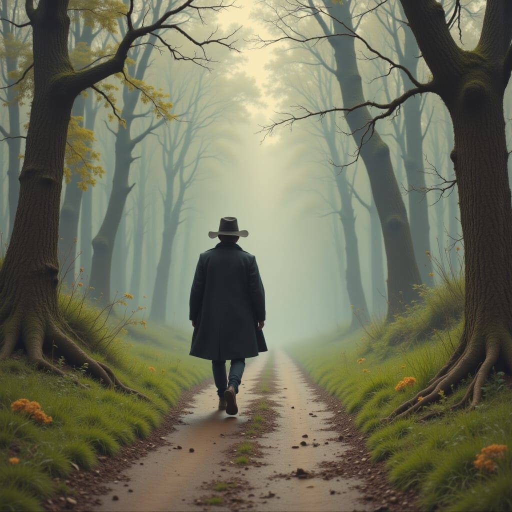 <lora:Frightening lies:1.0> Man walking a path.