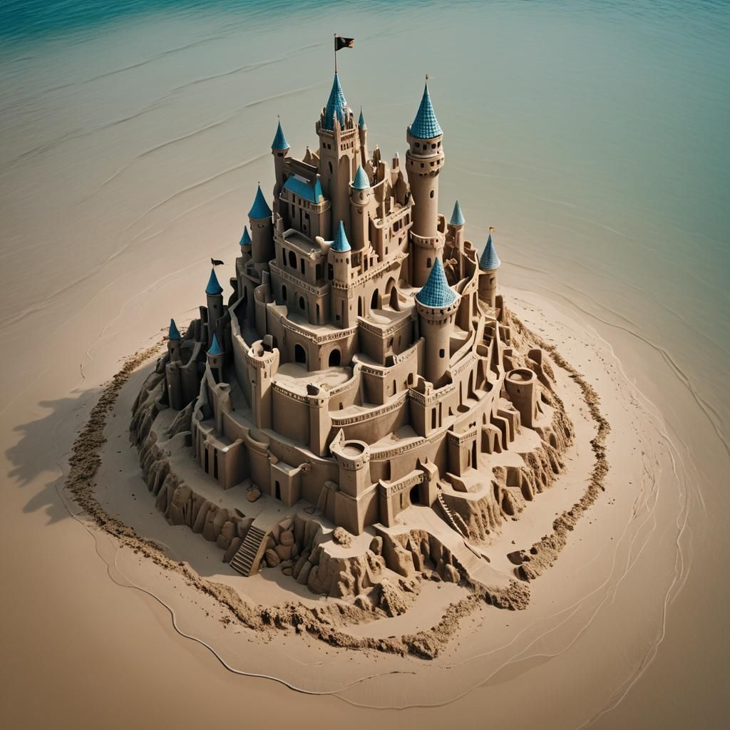 A multi-storey magical sand castle on a tiny island in the m...