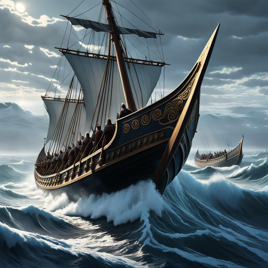 Viking long boats, full of warriors, battle the rough seas, ...