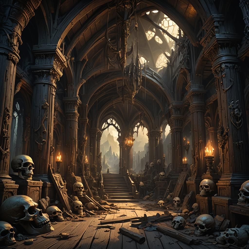 High fantasy epic orcish architectural interior, wooden polls, skulls, bones, epic scenic interior background, high detail, high quality, de...