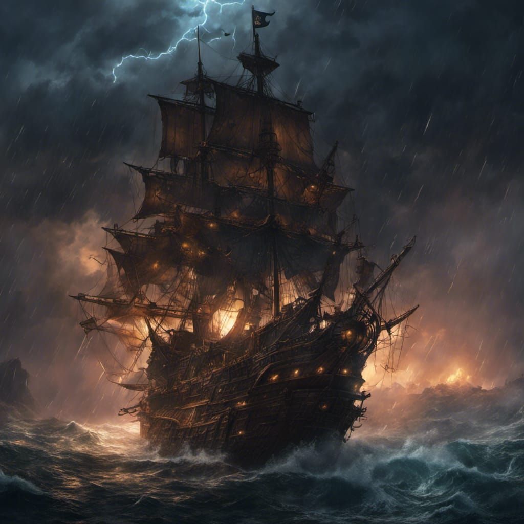 pirate ship in the night with massive lighning everywhere - AI ...