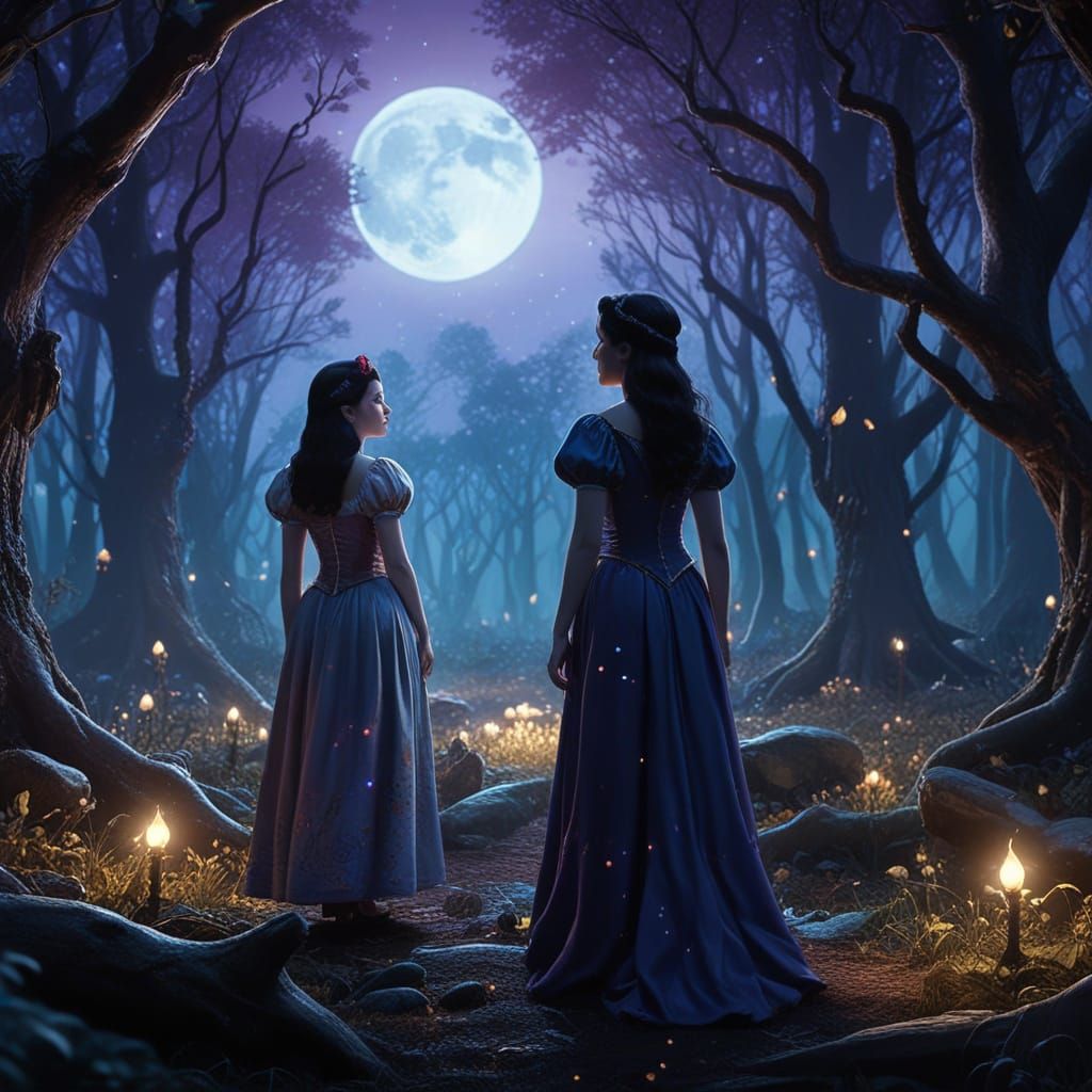 Snow White and her daughter are looking for the dwarves out in a illuminated forest at night under a crescent moon the look of worry etched on their faces due to sounds th...