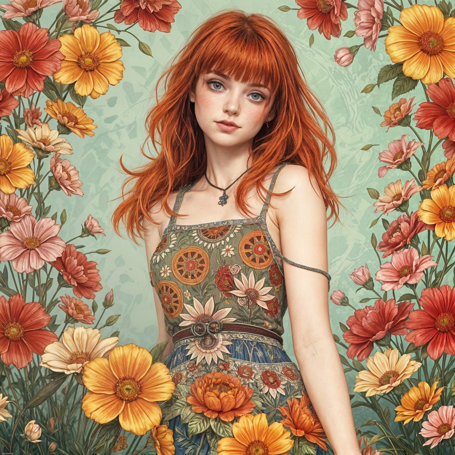 Red-Haired Hippie Portrait in Hyperdetailed Digital Art Styl...