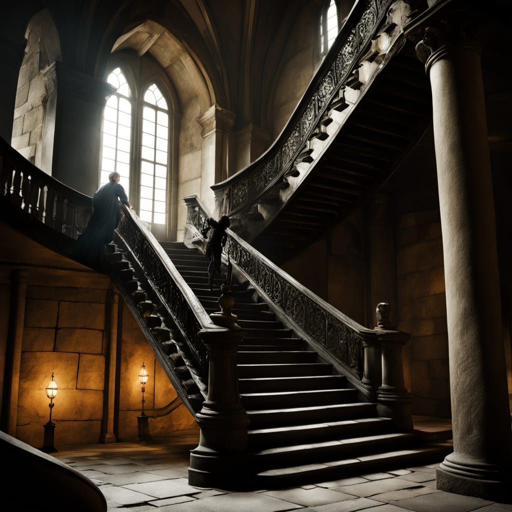 Man sitting on railing of Gothic castle stairs