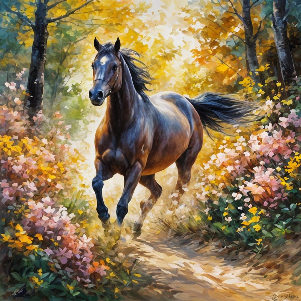 Galloping Horse Among Cherry Blossoms in Textural Style