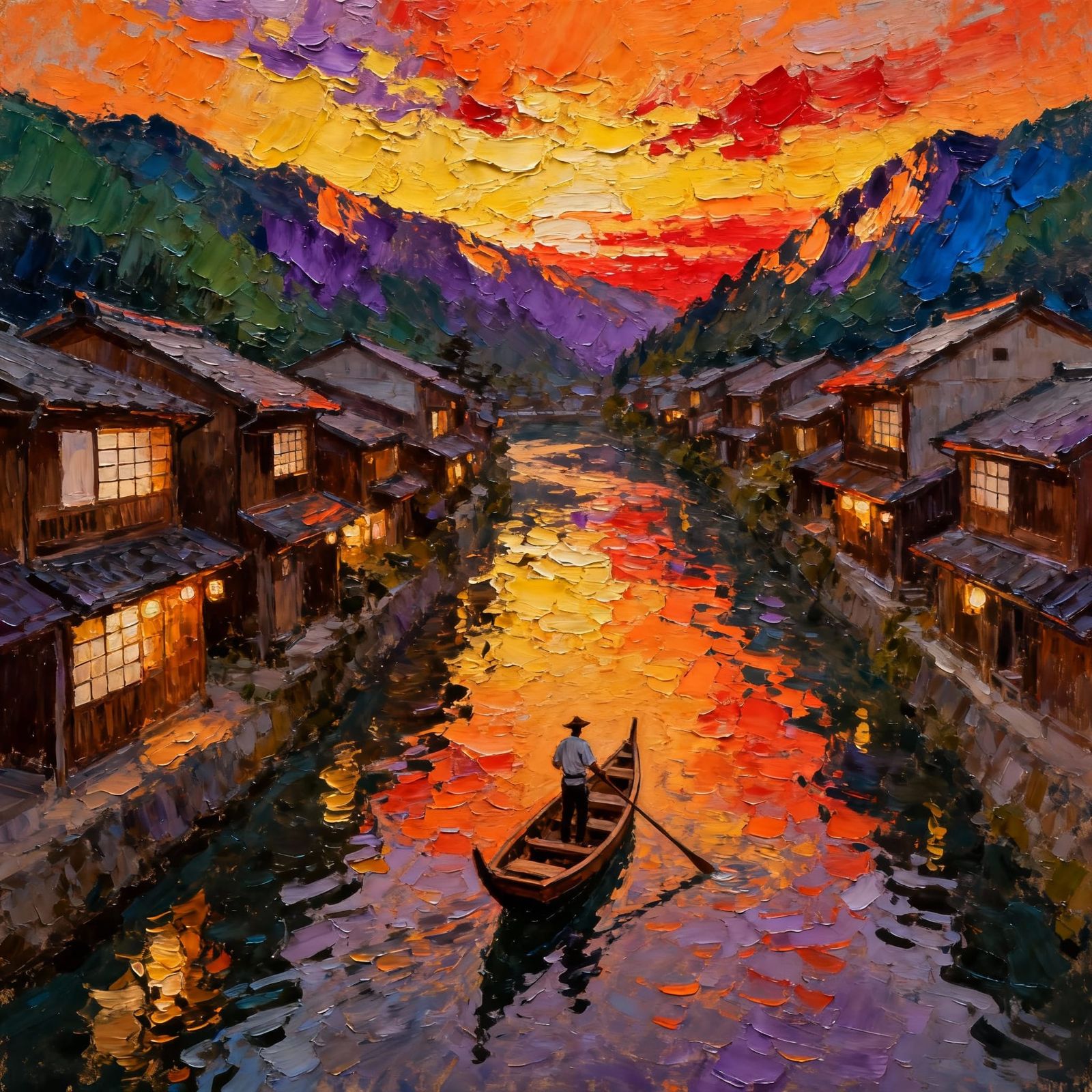Impasto Oil Painting of Japanese River Sunset with Gondola