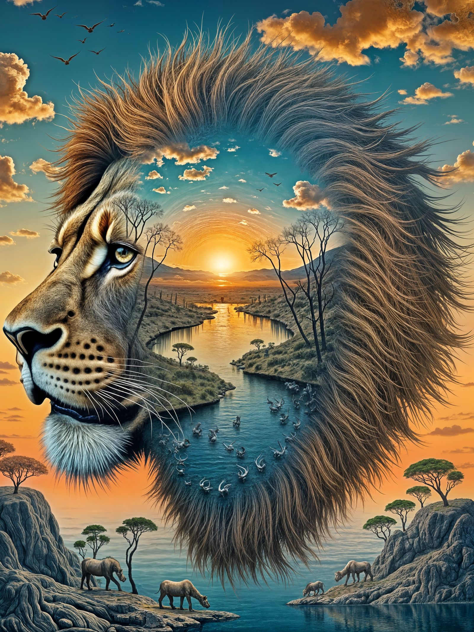 Lion Mindscape: Surreal Savannah Kingdom Concept Art