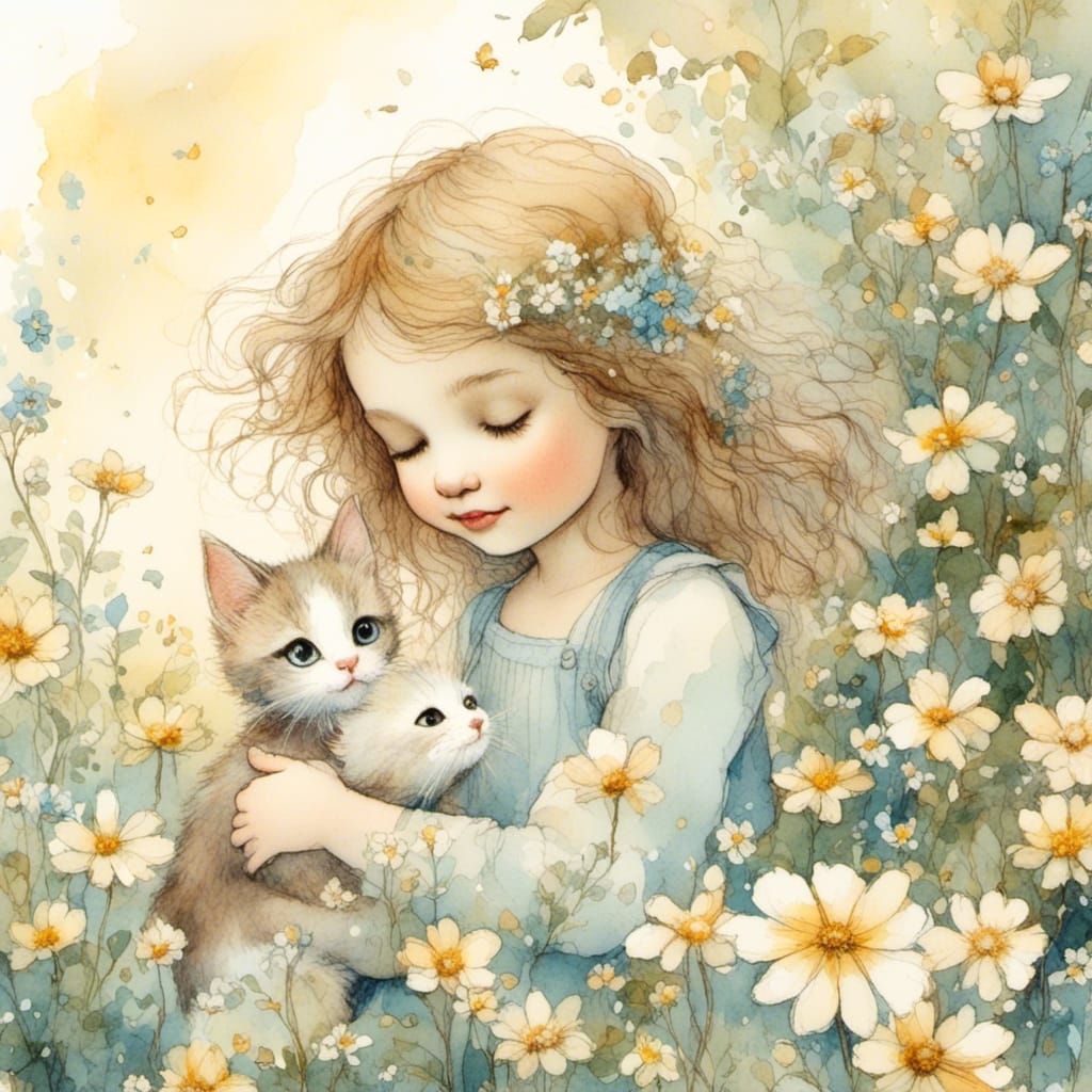 Girl and Kitten in Garden: Vintage Watercolor