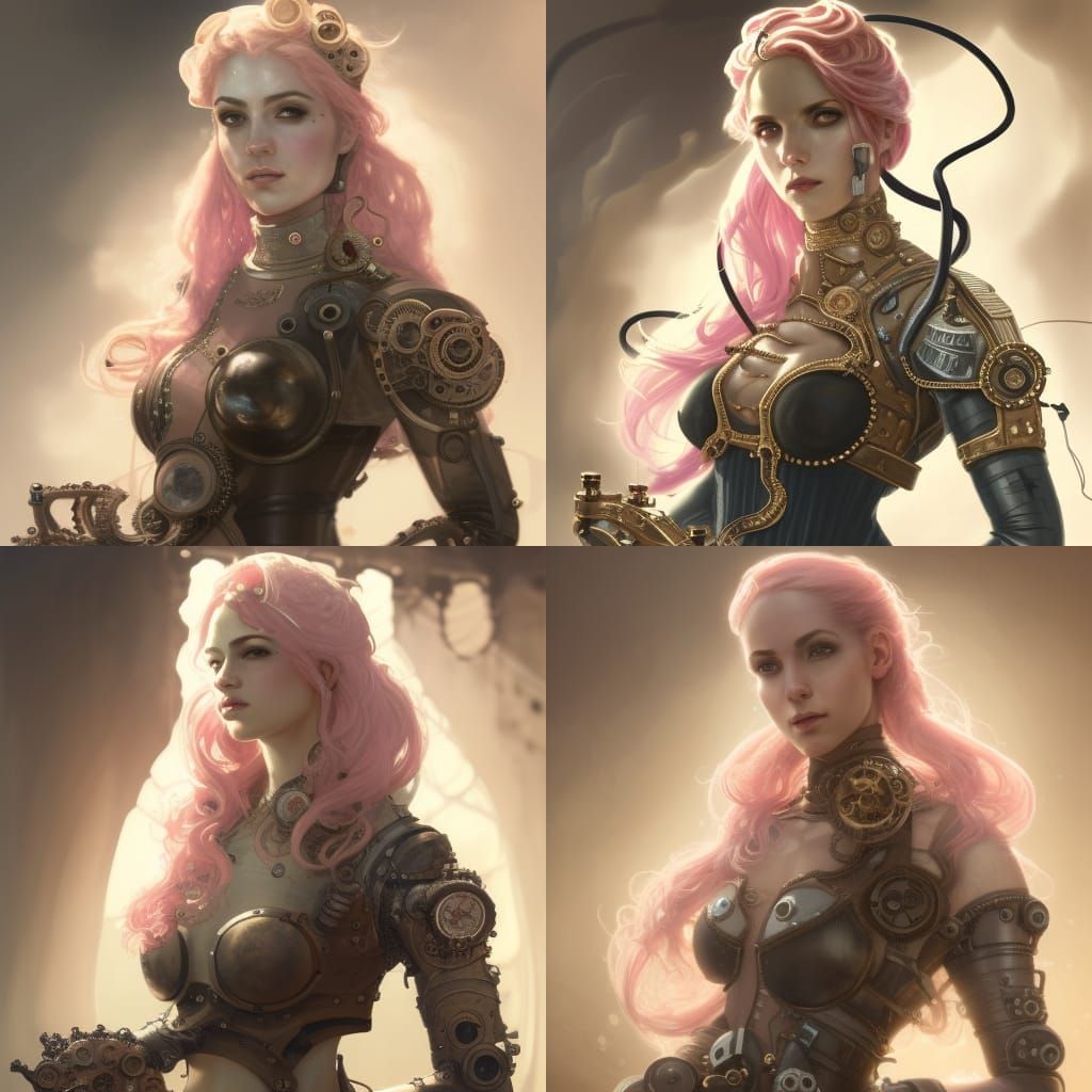 portrait of a middle-eastern steampunk woman, pale-pink hair...