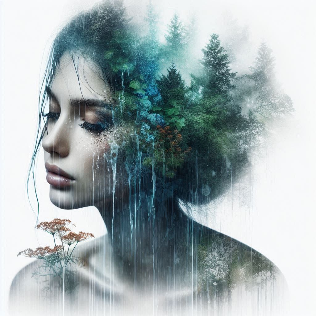double exposure beautiful fantasy DALL-E 3 portrait landscape..