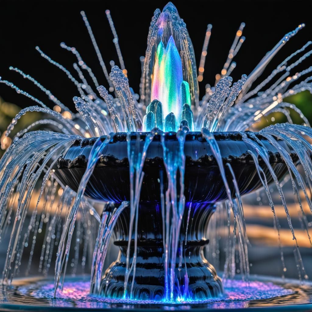 Sparkling fuzzy jet-obsidian water Fountain, pouring ans str...