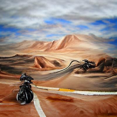 biker on a desert road realistic painting