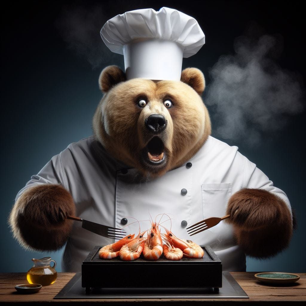 Obese Bear Chef Realizes the Shrimp are still alive!