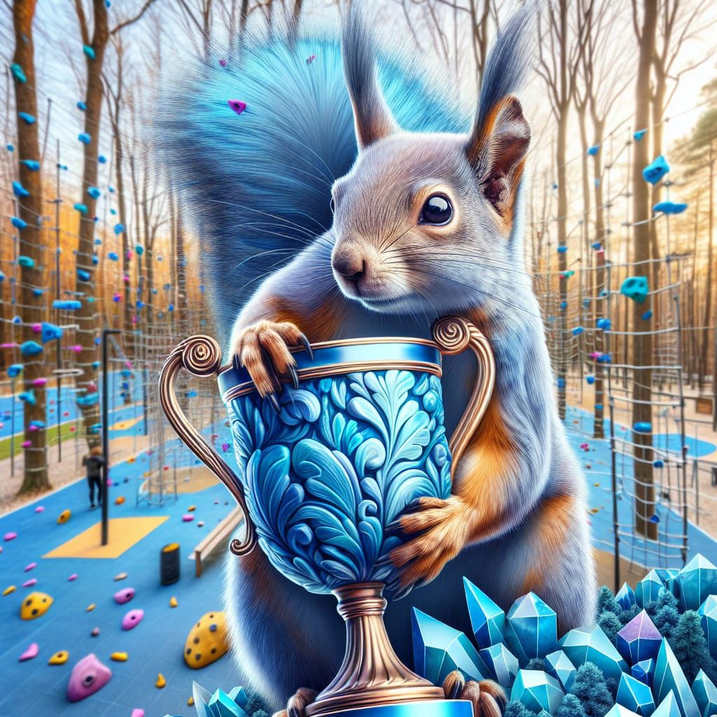 Intense hyperdetailed squirrel holding very detailed blue apatite ...