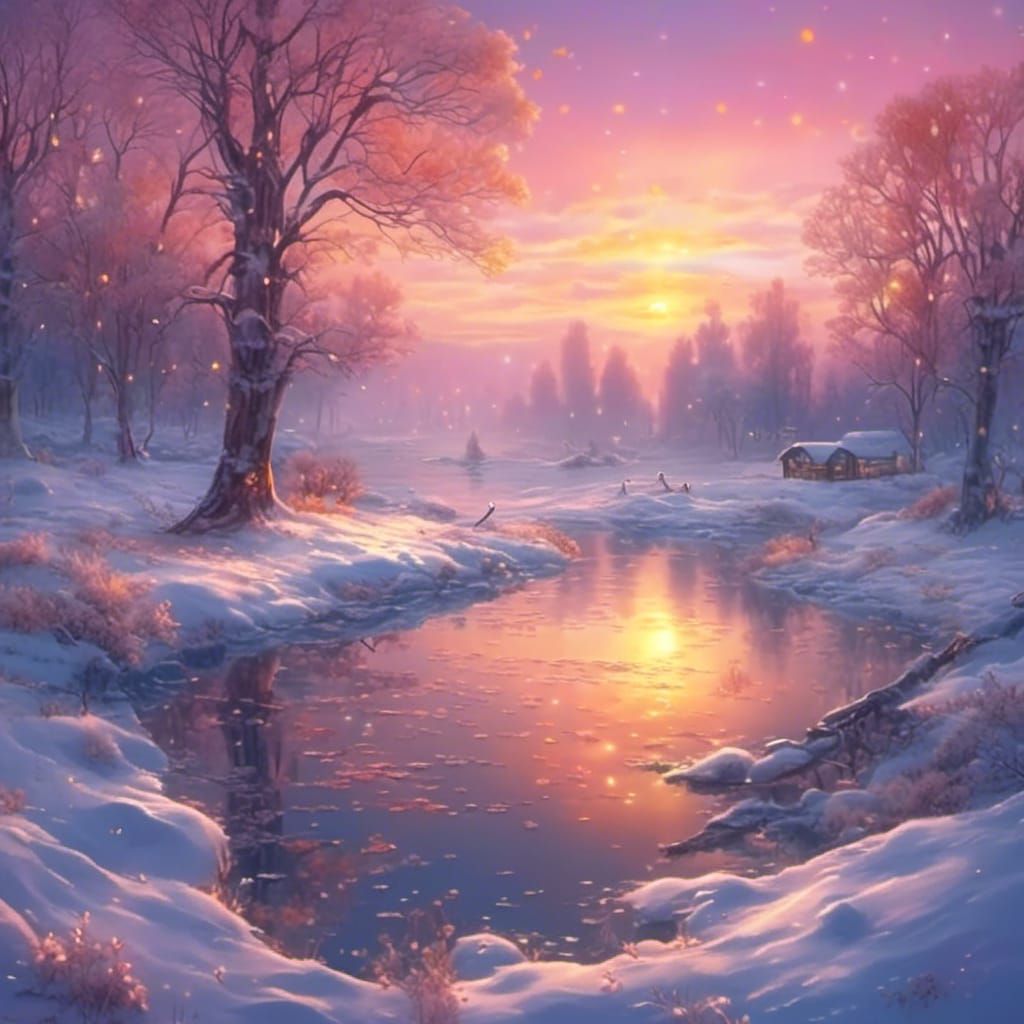 <lora:Artistic 1:1.0> Dreamy atmosphere, winter scene, sunset, highly detailed, 4k resolution, relaxing, quiet 