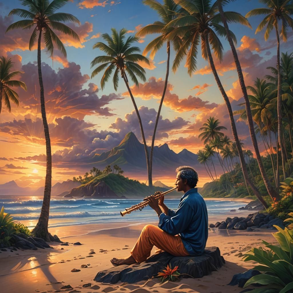 Hawaiian Sunset: Flute Player in Vibrant Oil Painting