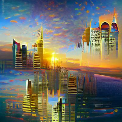 Sunrise over the city with skyscrapers reflecting the light ...