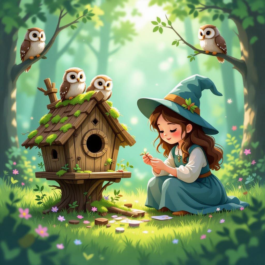 Young Witch Crafts Birdhouse in Ghibli Style Forest