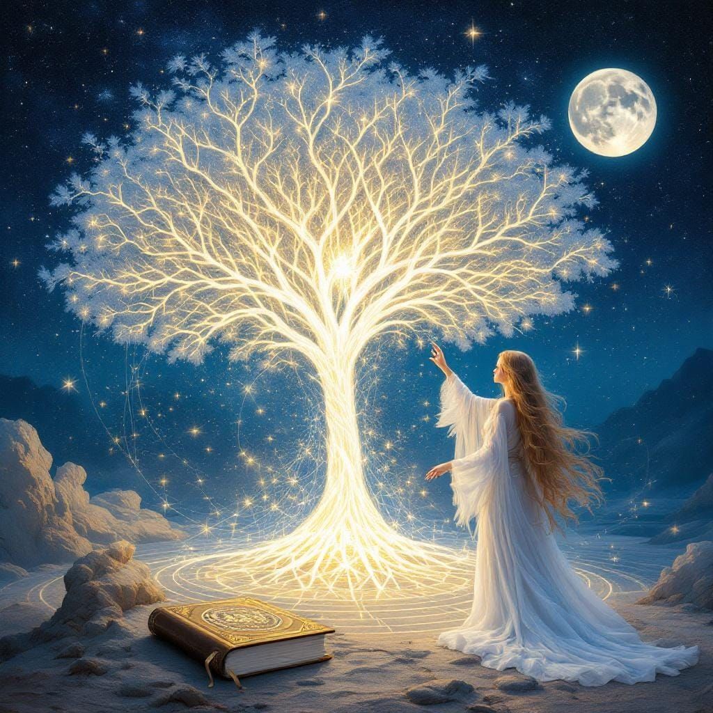 Imagine an awe-inspiring scene featuring a glowing white tree, shimmering with delicate specks of light throughout its magnificence. The tre...