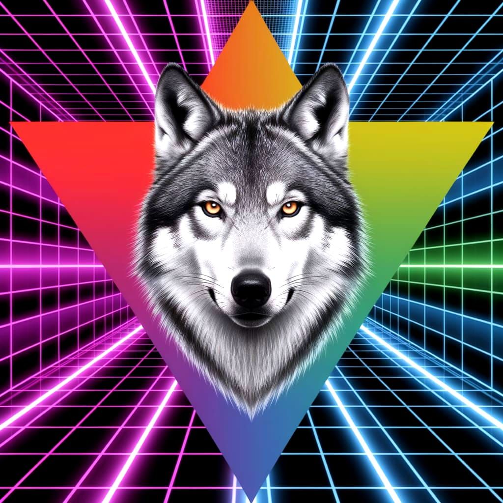 The Cyberpunk Wolf Dreams. Facing the viewer. Only the Wolf's head is visible, floating in the middle of the background. Poster design aesth...