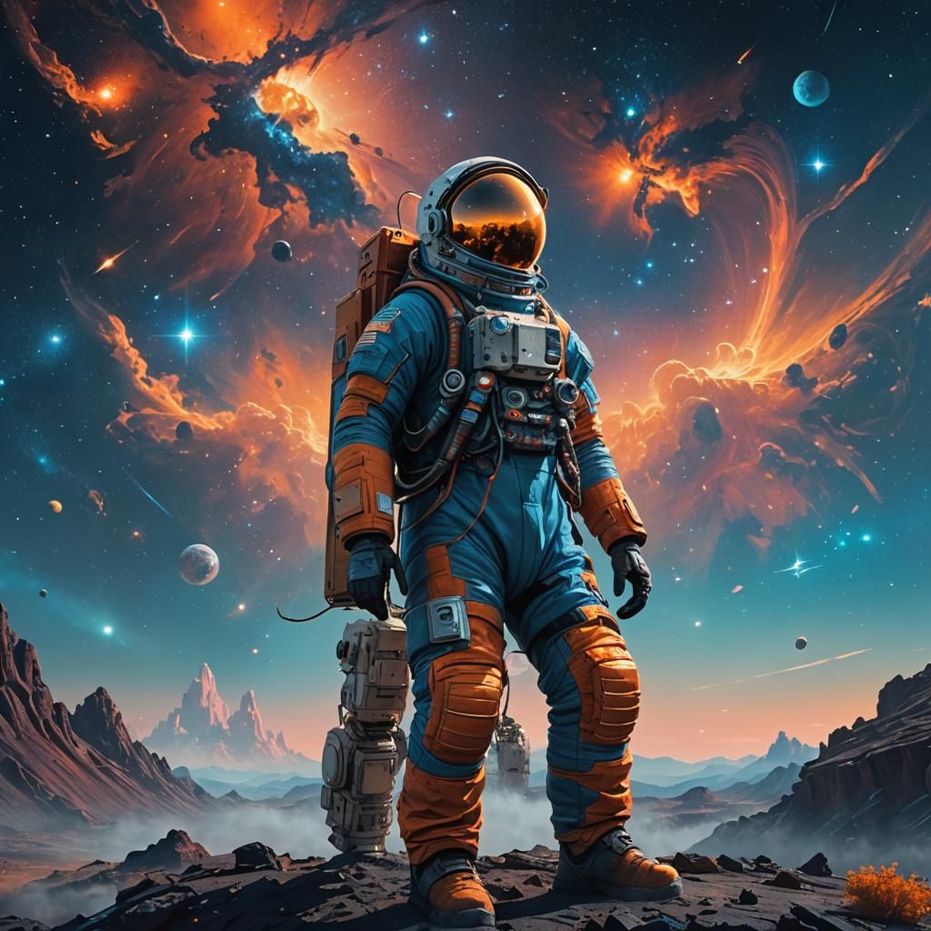 Astronaut Gazing at Star on Nebula Cloud