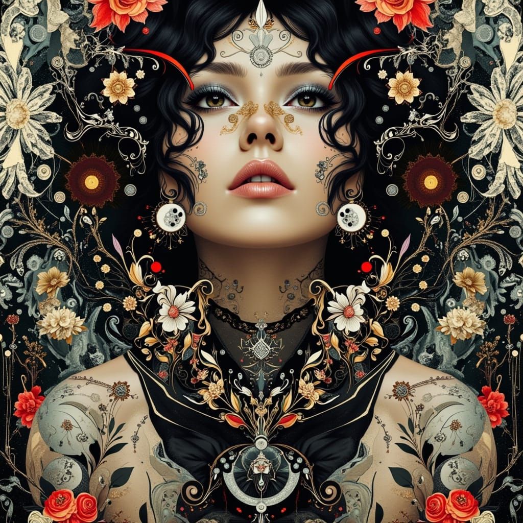 Techno-Surreal Tribal Goddess in Mixed Media