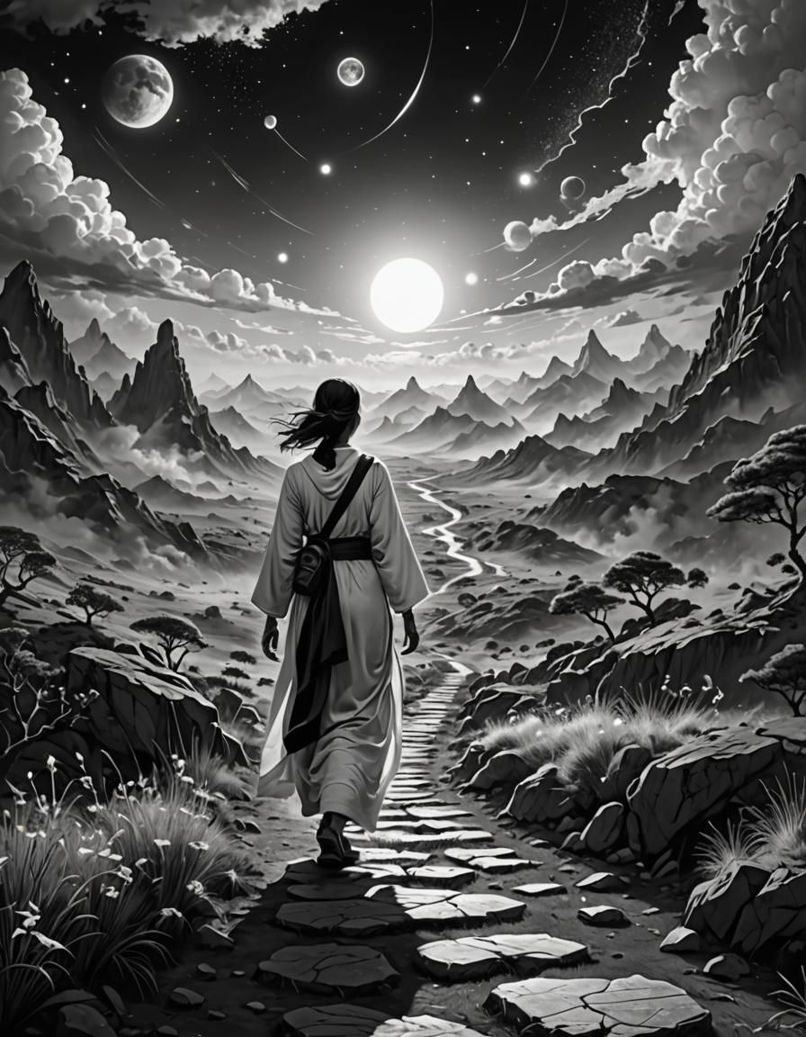 black and white. woman walking the spiritual path, ascension...
