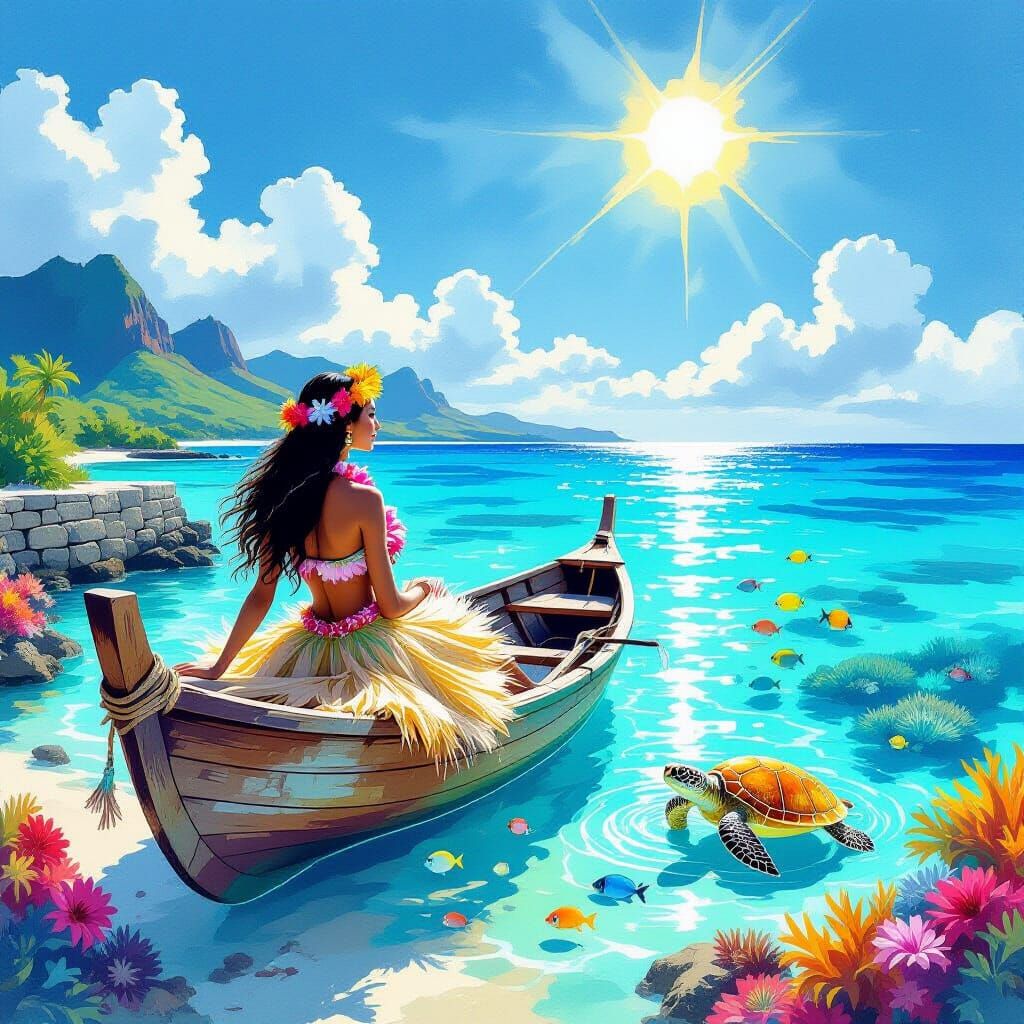 A lovely Hula in a canoe on turquoise water, with a turtle swimming near by and beautiful flowers in the foreground.  concept art style,, in...