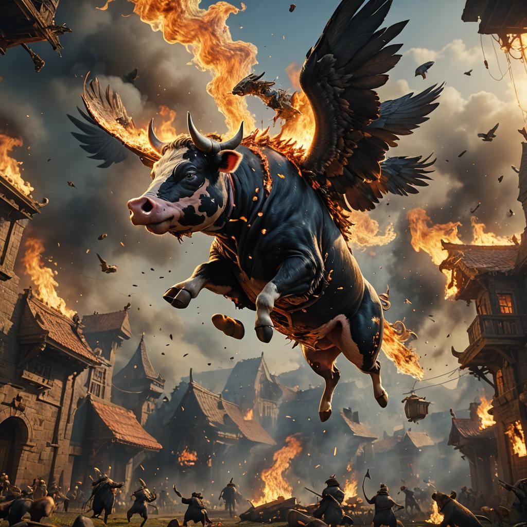 A flying cow. A flying pig. Both of the animals fighting wit...