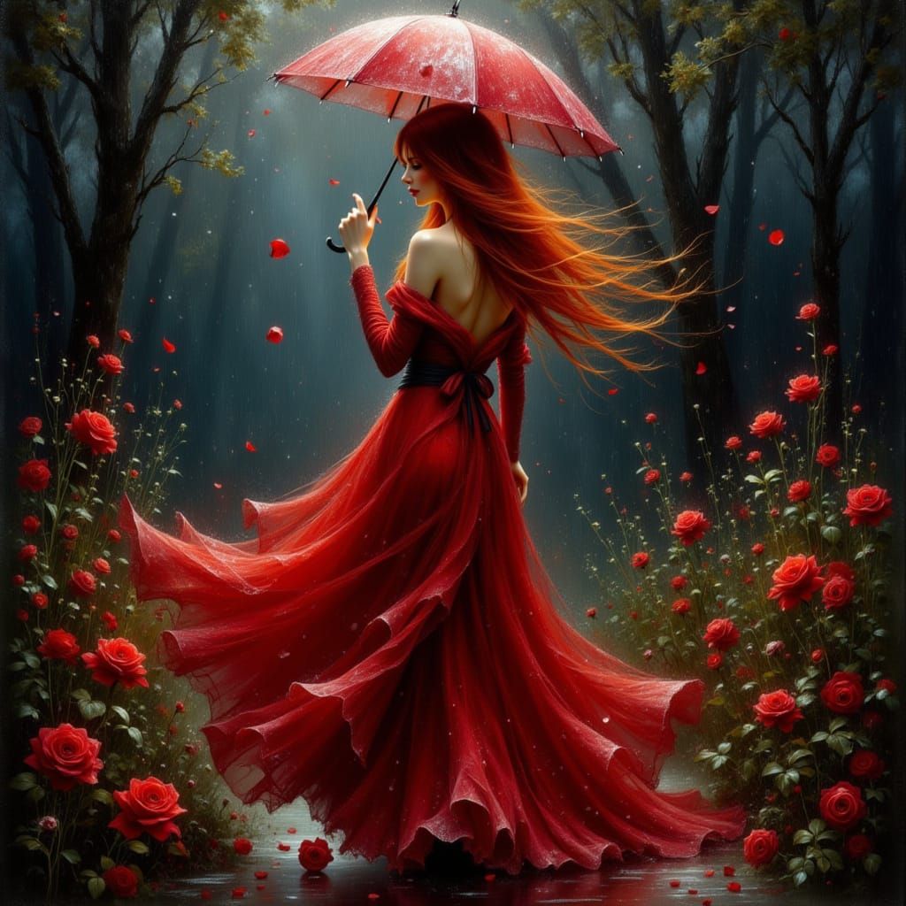 Victorian Redhead in Red Gown on Rainy Night