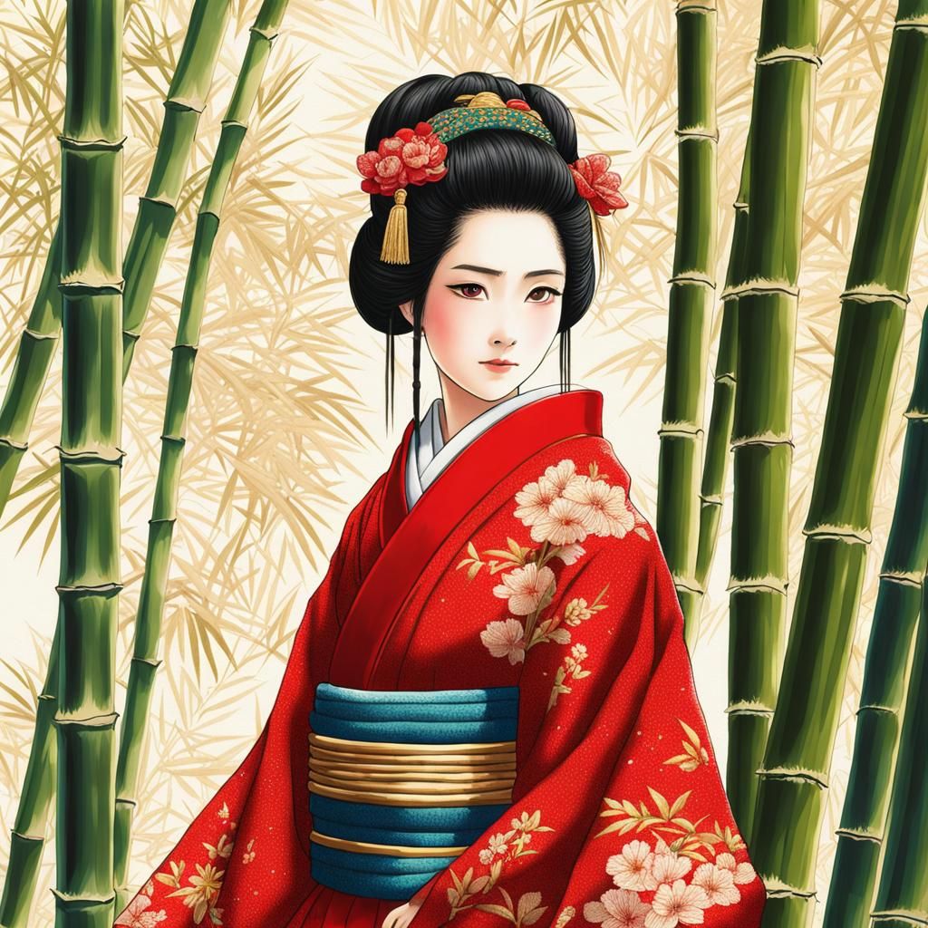Japanese lady in red pointillism kimono