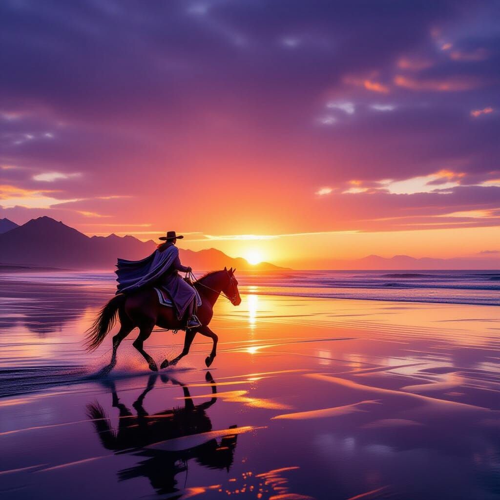 Lone Rider at Sunset in Photorealistic Style