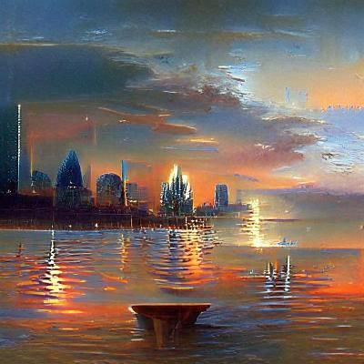 City skyline across water at sunset