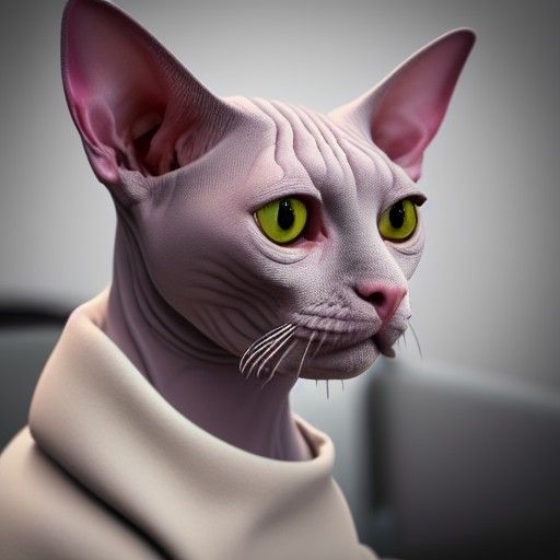A Sphynx cat Wearing A Robe And Holding A Coffee Mug, Close ...