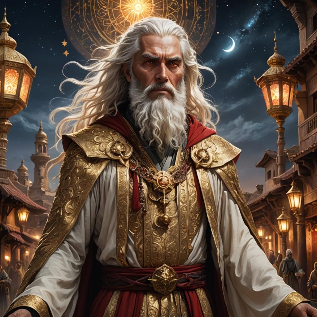 Biblical Figure in Golden Robe Under Starry Sky