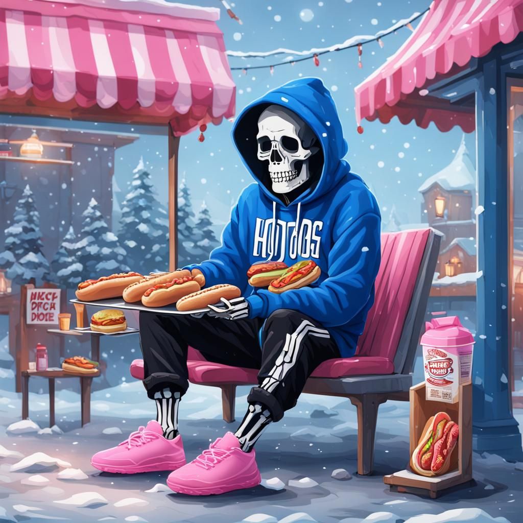 Skeleton wearing blue hoodie black shorts and pi. AI Art