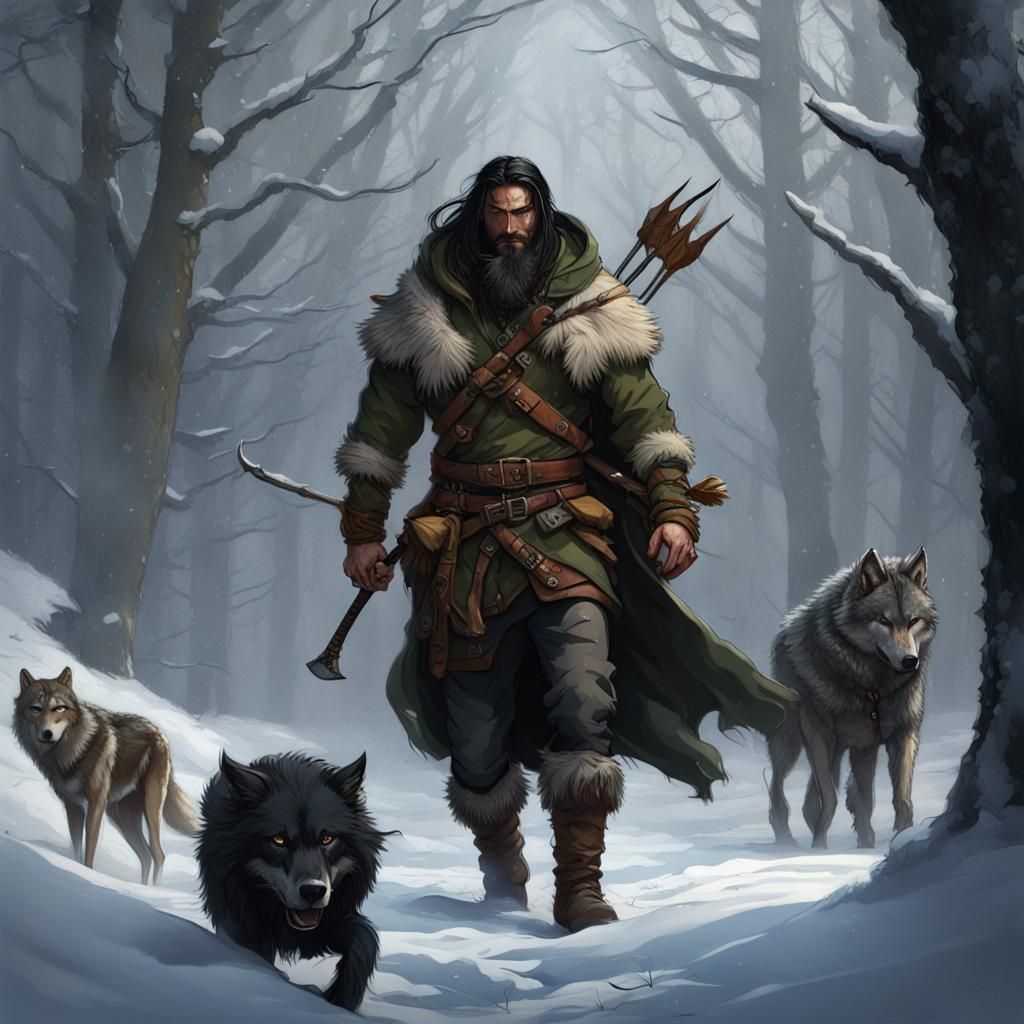 male archer, long black hair, black beard, viking hunter, wo...