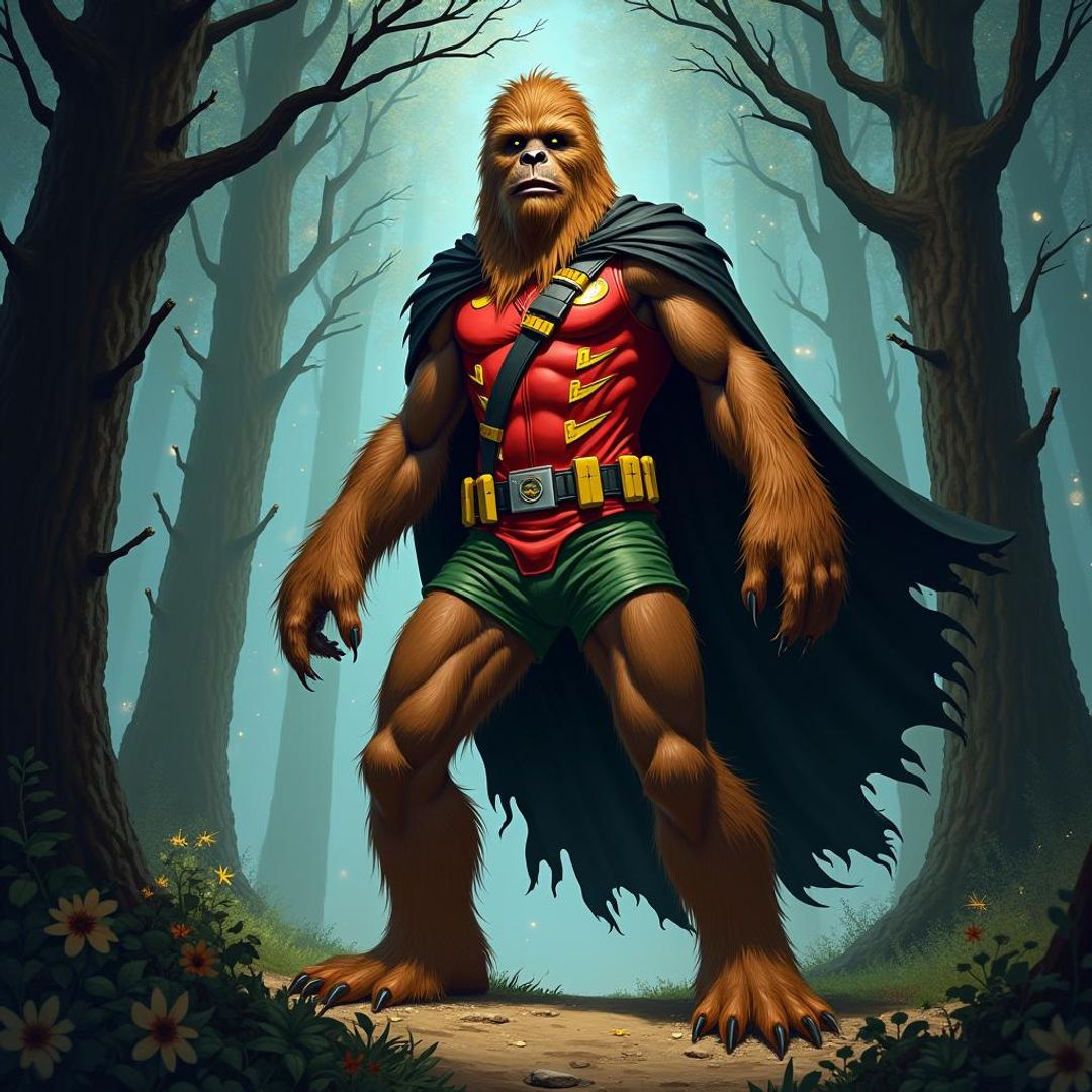 A wookie from starwars wearing a robin costume (batmans sidekick) AI