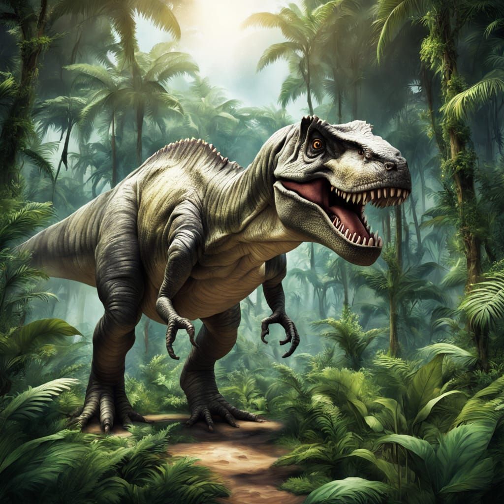 Tyrannosaurus in a lush Jungle background, 64k  by @Fritholf