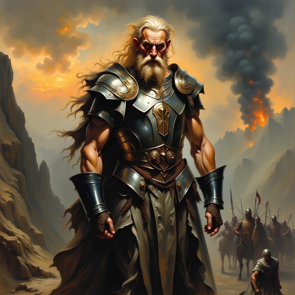 close-up, muscular savage blonde Norse goddess of war wearing battleworn armor with tattered cape standing upon windy precipice overlooking...