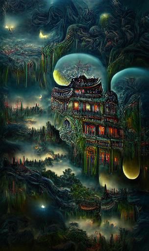 A forest ghost city with hyperdetailed painting of buildings...