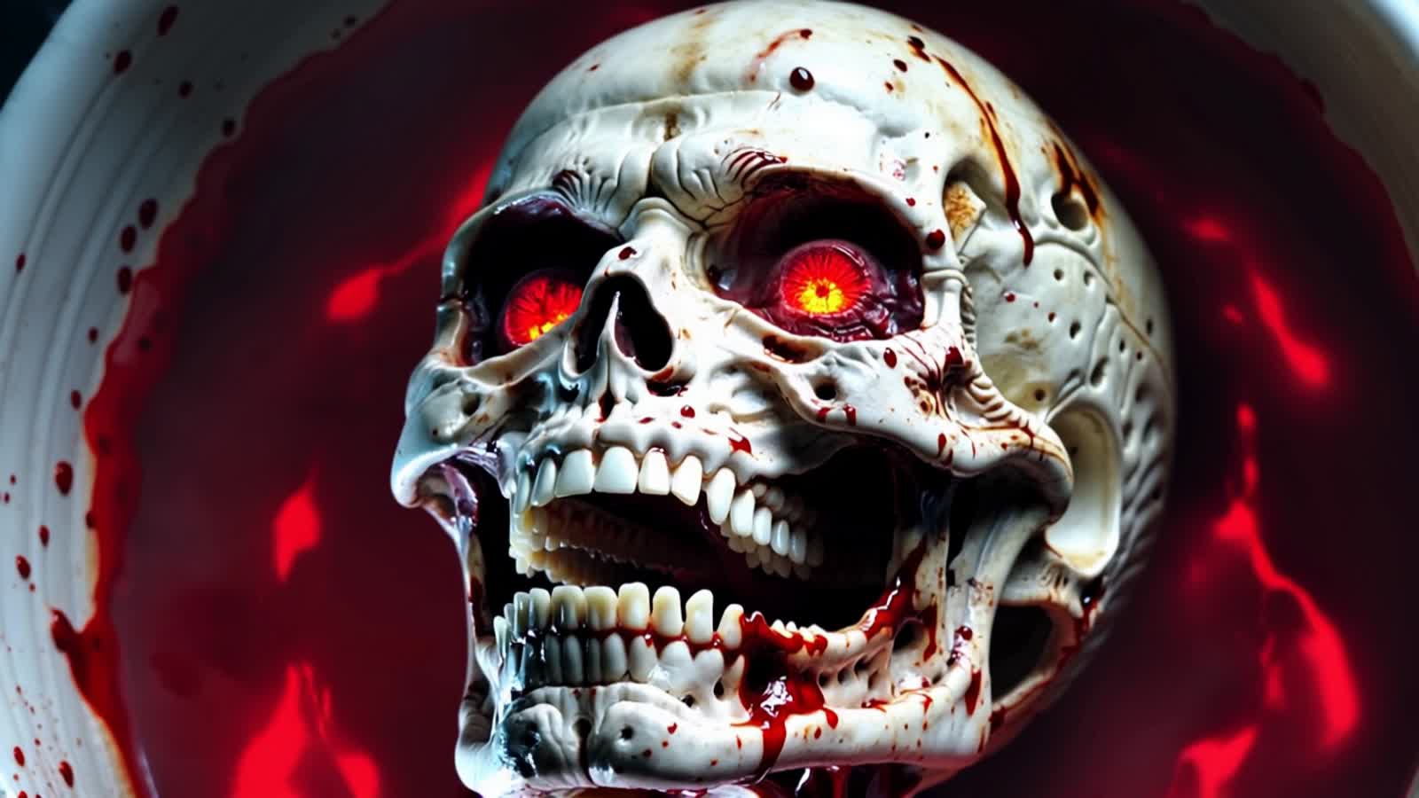 Ein Totenkopf, der von rotem Blut umgeben ist, und feurige Augen hat. Er lacht ein schauriges lachen, seine Augen glühen