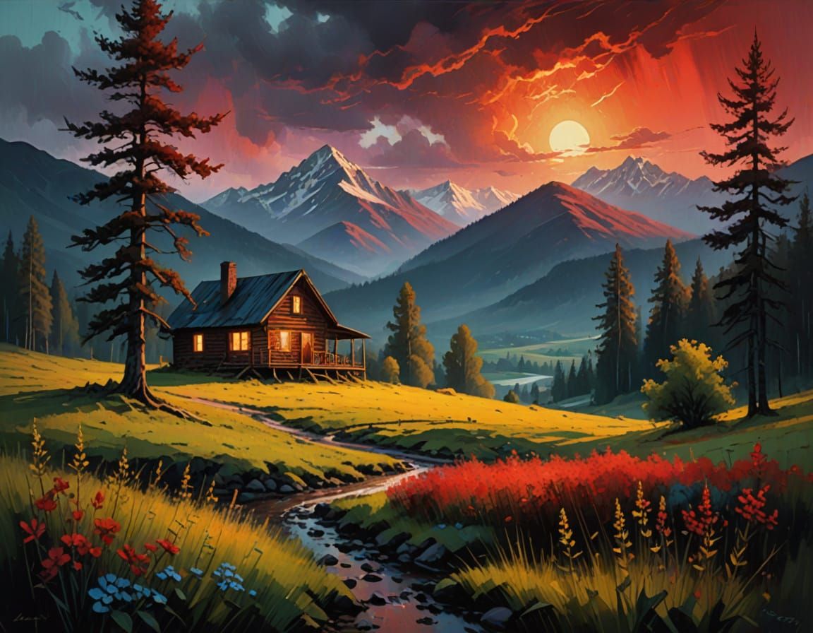 dreamlike paint, allegory style, (art style by Casey Baugh:1.1), a serene mountain landscape with layered misty hills, glowing sunset sky wi...