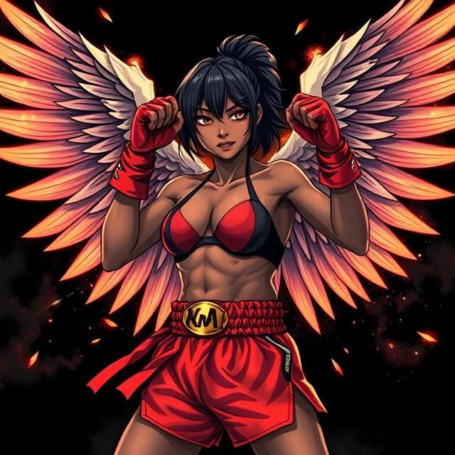 Black female Muay Thai fighter praying with wings on her bac...