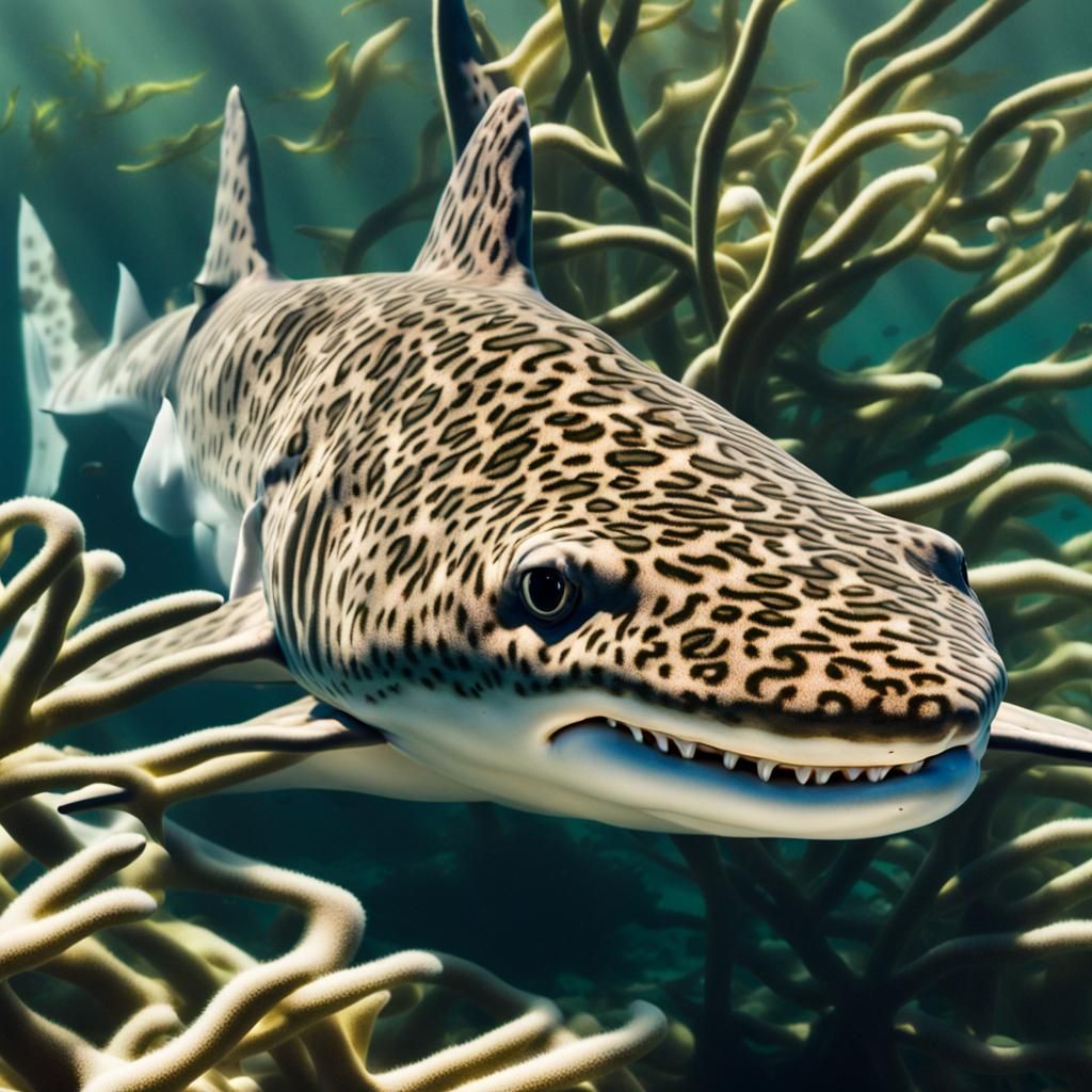 A leopard shark swimming in kelp beds of Monterey Bay