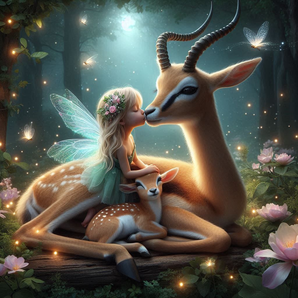 A cute baby gazelle with her mother and a cute fairy