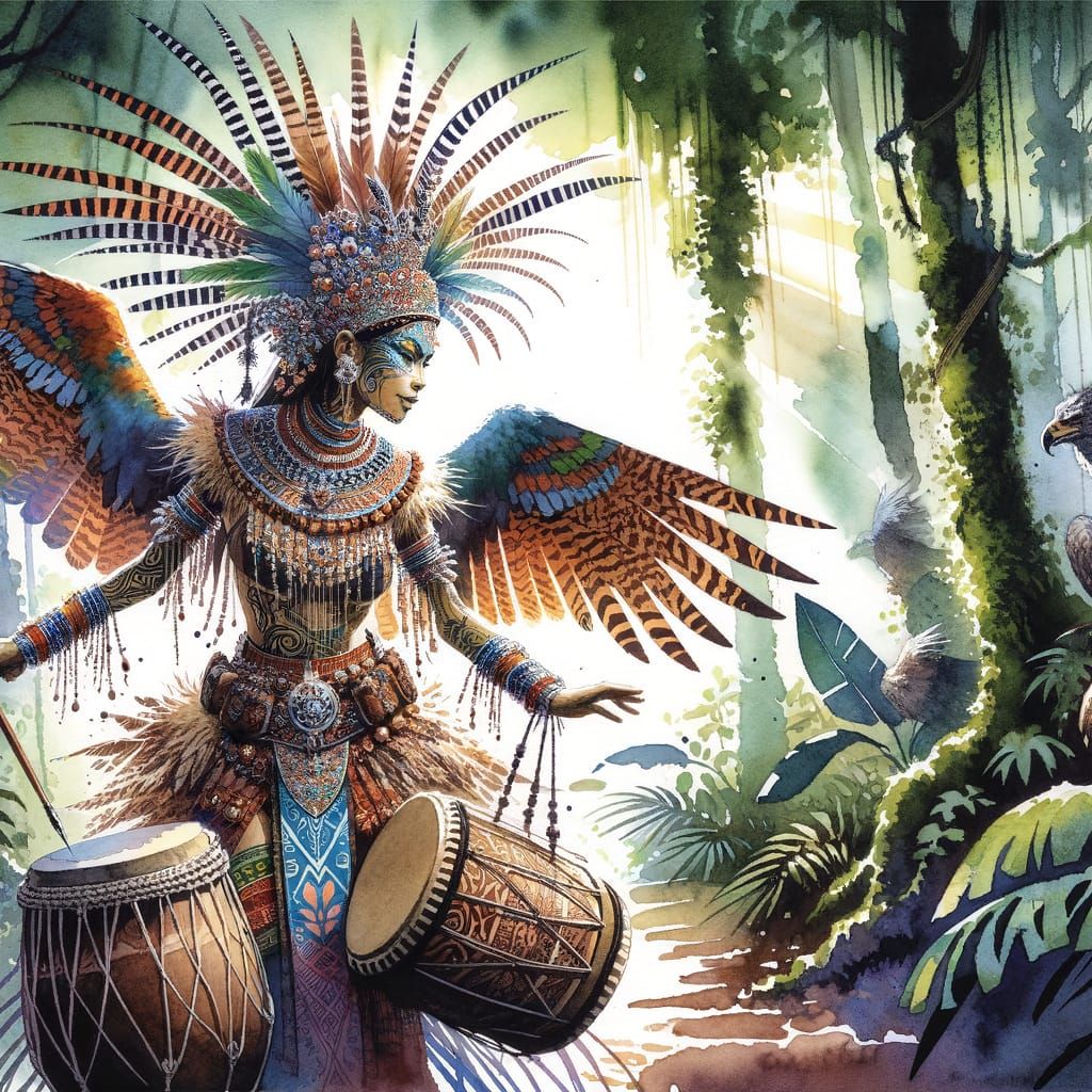 A tribal showgirl, adorned with intricate body paint and eagle feathers, leads a mesmerizing ritual with ...  by @Marv